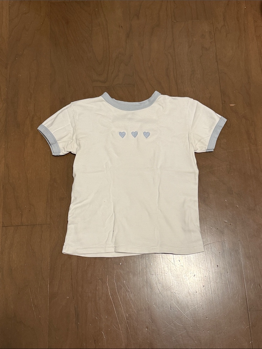 Brandy Melville White Tee with Light Blue Trim and Heart Accents
